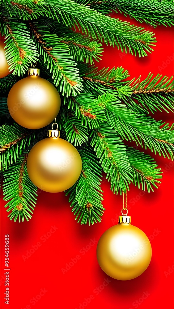 Golden balls with green spruce branches on a red background Golden balls with green spruce branches on a red background