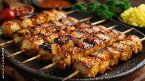 Indonesian Satay: Skewers of grilled chicken satay served with peanut sauce and rice cakes. 