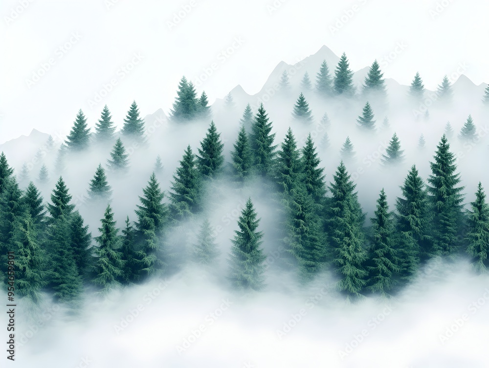Fototapeta premium Misty Forest Landscape with Evergreen Trees in Foggy Mountain Scenery