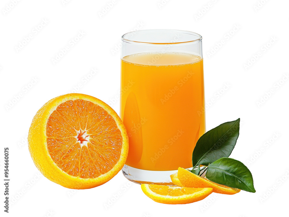 Glass of orange juice with whole and sliced oranges, isolated on white background, fresh PNG transparent. Glass of orange juice with whole and sliced oranges, isolated on white background, fresh PNG transparent.