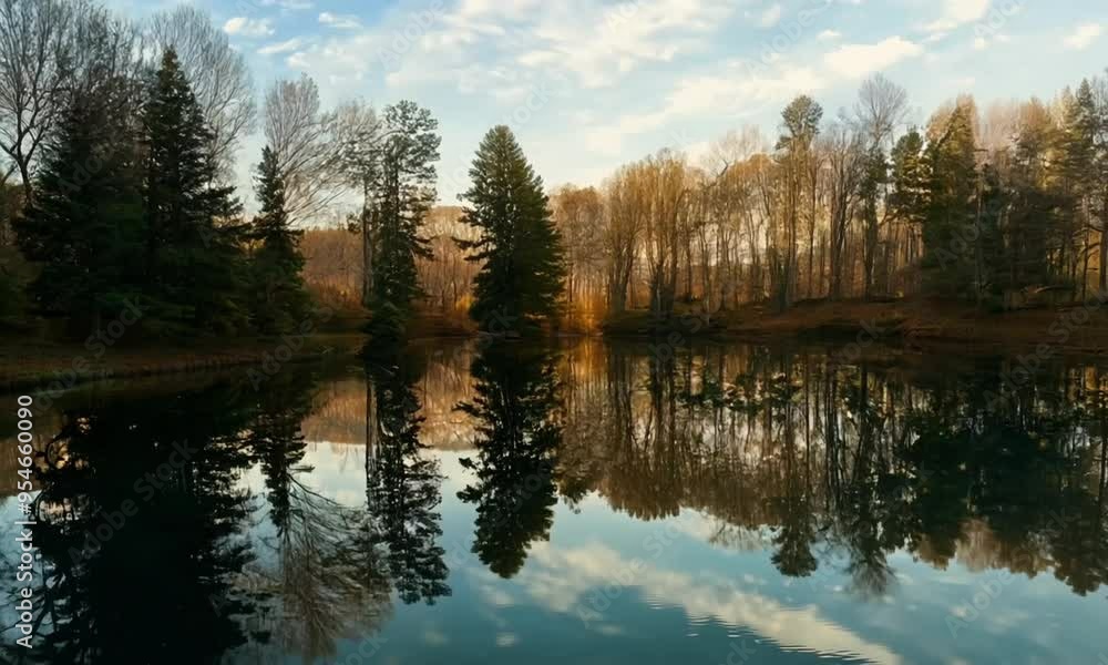 Still water reflects trees and a cloudy sky in a forest pond. Still water reflects trees and a cloudy sky in a forest pond.
