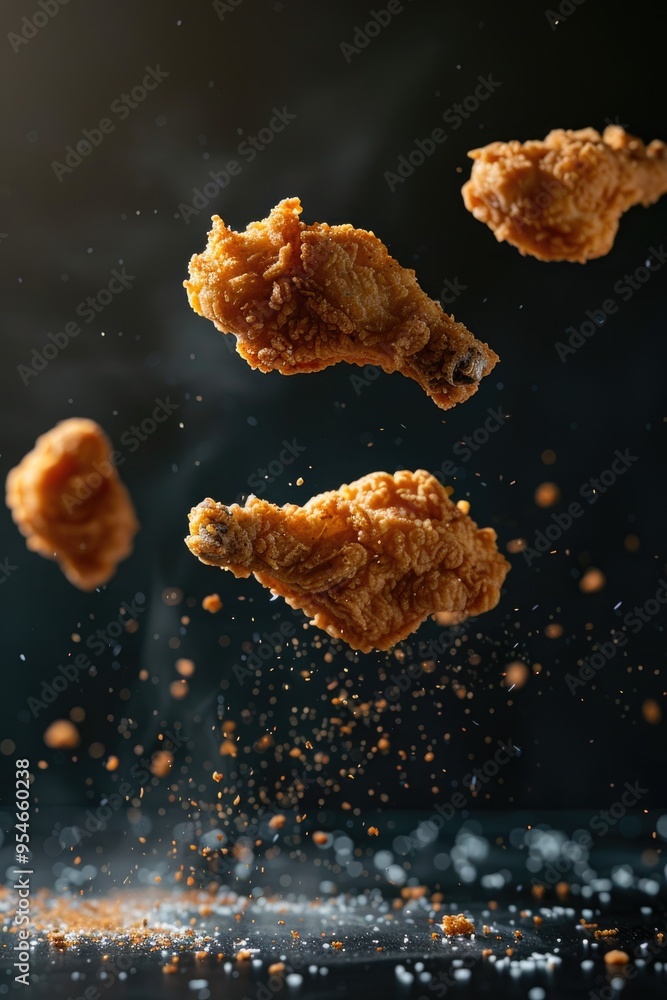 Crispy Fried Chicken Drumsticks Floating in the Air with Seasoning Crispy Fried Chicken Drumsticks Floating in the Air with Seasoning
