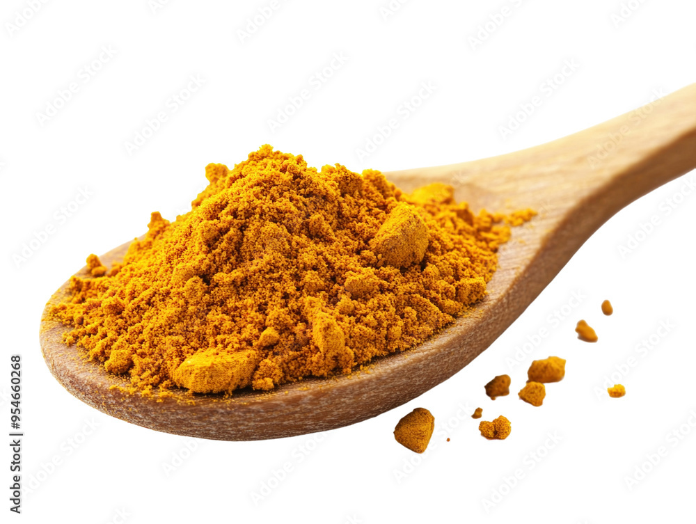 Turmeric powder on a wooden spoon, isolated on white background, high detail PNG transparent. Turmeric powder on a wooden spoon, isolated on white background, high detail PNG transparent.