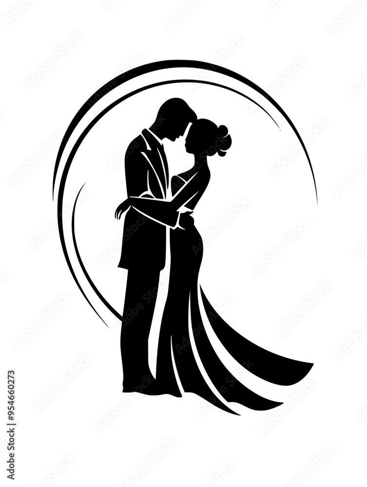 custom made wallpaper toronto digitalElegant bride and groom silhouette illustration, Stylized black and white illustration of a bride and groom embracing, capturing the elegance and romance of a wedding in a minimalist silhouette desig