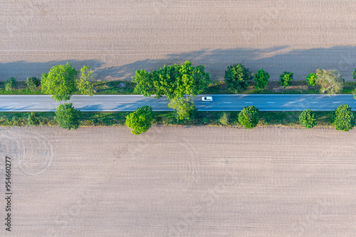 View from the balloon basket of the field and the road