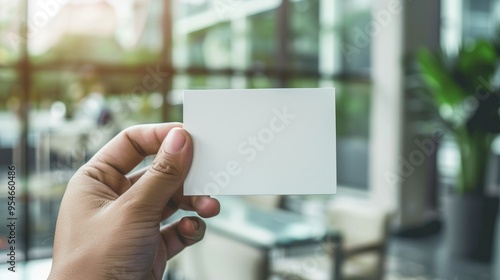 a blank business card mockup held by a hand with a blurred office background.