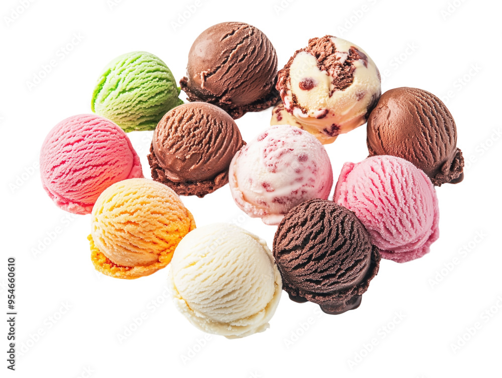 Assorted ice cream scoops in various flavors isolated on white background. PNG transparent. Assorted ice cream scoops in various flavors isolated on white background. PNG transparent.