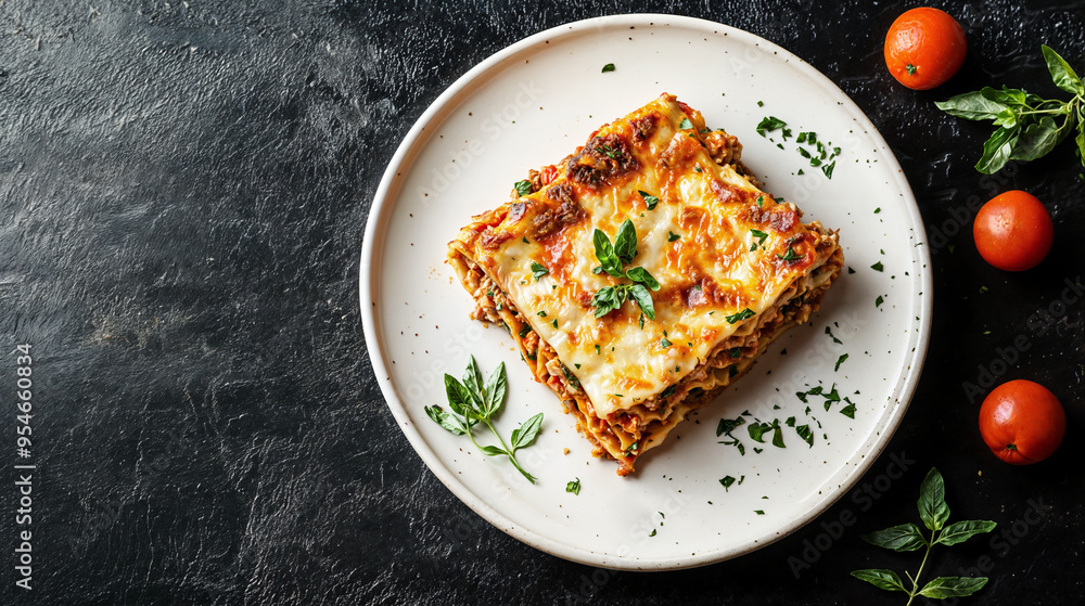 Homemade Italian Lasagna with Layers of Pasta, Bolognese Sauce, Melted Cheese, and Fresh Basil on White Plate - Classic Comfort Food on Dark Background Homemade Italian Lasagna with Layers of Pasta, Bolognese Sauce, Melted Cheese, and Fresh Basil on White Plate - Classic Comfort Food on Dark Background