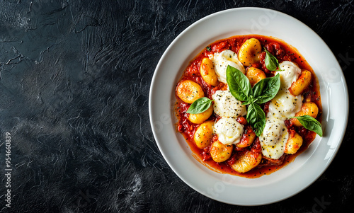 Italian Gnocchi alla Sorrentina with Fresh Tomato Sauce, Melted Mozzarella, and Basil Garnish on White Plate - Traditional Comfort Food on Black Background photo