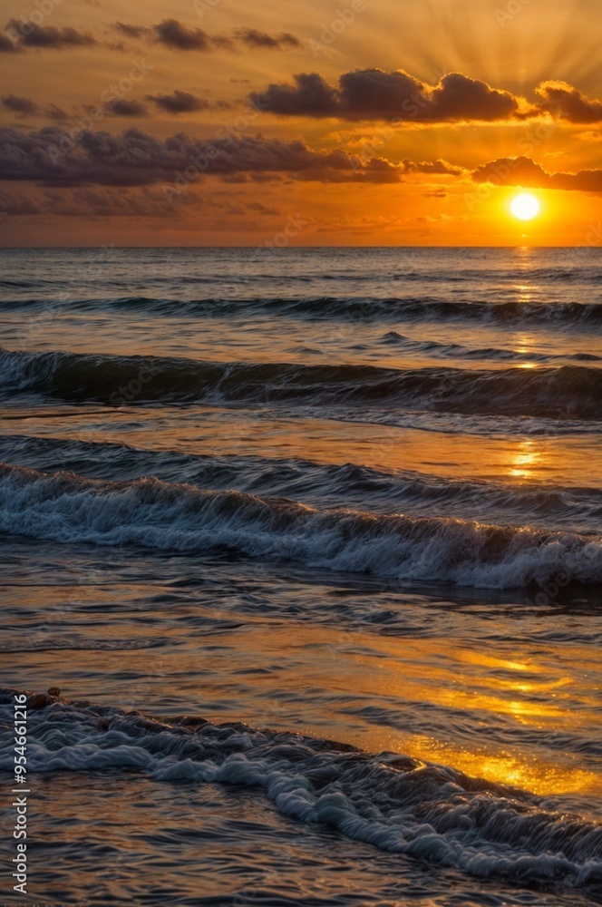 Obraz premium The sun is setting over the ocean, casting a warm glow on the water.