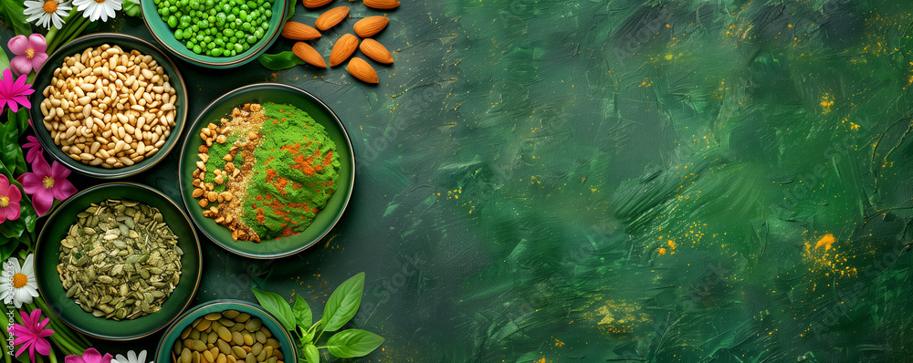 A green background with bowls of different colored food on it