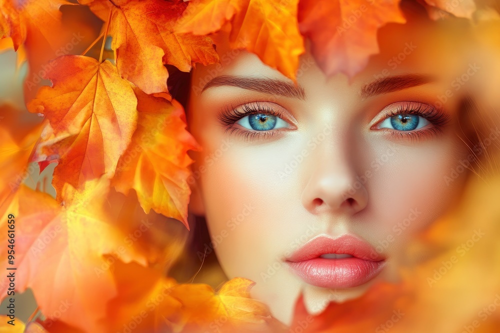 Autumn fall woman banner with copy space. beautiful face portrait. natural beauty. fall season fashion. girl enjoy weather with autumn leave with generative ai Autumn fall woman banner with copy space. beautiful face portrait. natural beauty. fall season fashion. girl enjoy weather with autumn leave with generative ai