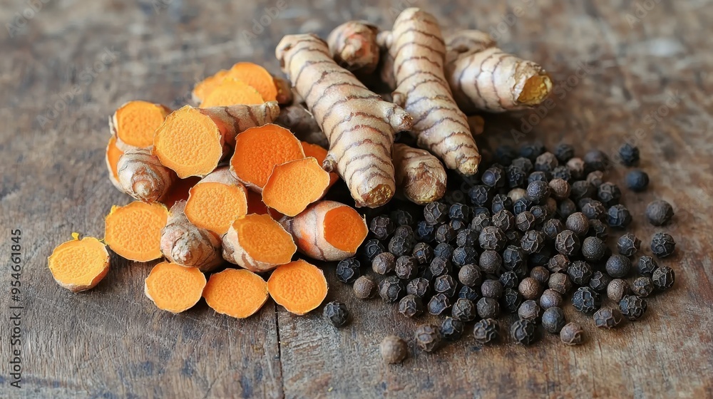 Obraz premium Natural Health Boosters - Close-up of Organic Turmeric Roots and Black Peppercorns on Wooden Background for Wellness Concept.