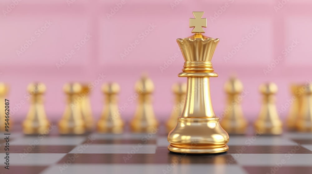 A close-up of a golden chess king piece, symbolizing strategy and leadership against a vibrant pink background. A close-up of a golden chess king piece, symbolizing strategy and leadership against a vibrant pink background.