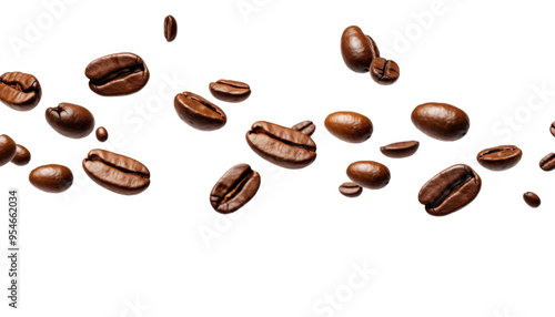 Brown coffee beans falling against white background. Perfect for coffee shops, cafes, food blogs, and social media posts. Rich and aromatic