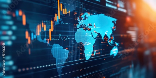 A vibrant digital world map overlaid with dynamic financial data and graphs, symbolizing global commerce and technology innovation.