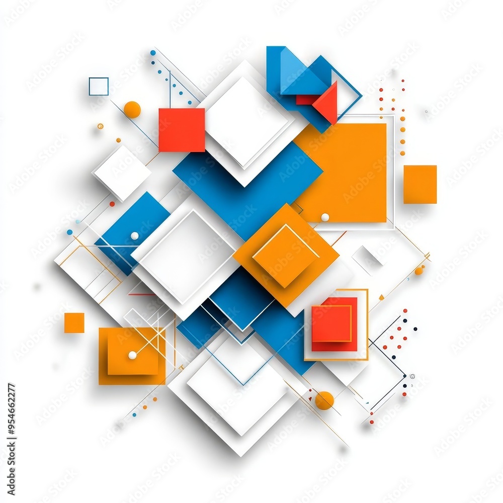 Abstract geometric background with circles, squares and dots in blue, orange and white. Abstract geometric background with circles, squares and dots in blue, orange and white.