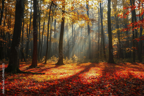 A serene autumn forest scene with sunlight filtering through colorful leaves, creating a tranquil atmosphere.