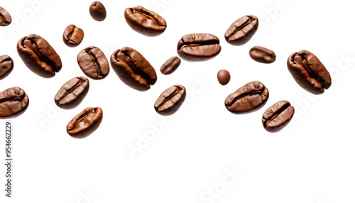 Brown coffee beans falling against white background. Perfect for coffee shops, cafes, food blogs, and social media posts. Rich and aromatic