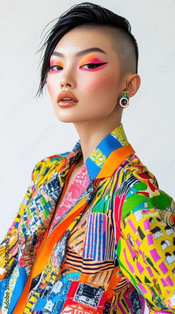 The Asian woman wears a vibrant jumpsuit and striking makeup, exuding confidence and style in a bright, minimal studio The Asian woman wears a vibrant jumpsuit and striking makeup, exuding confidence and style in a bright, minimal studio
