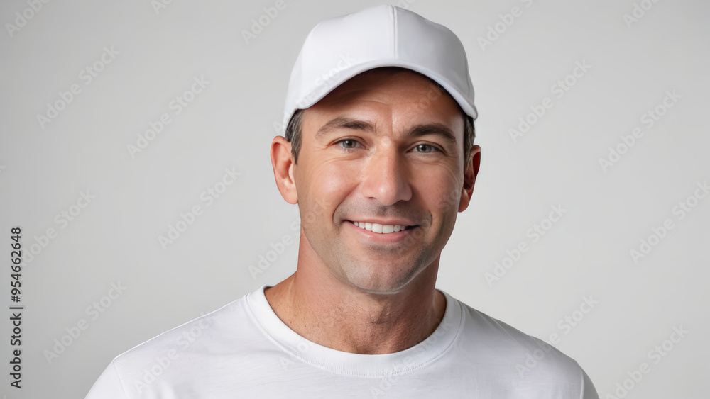 Man wearing white t-shirt and white baseball cap isolated on grey background Man wearing white t-shirt and white baseball cap isolated on grey background