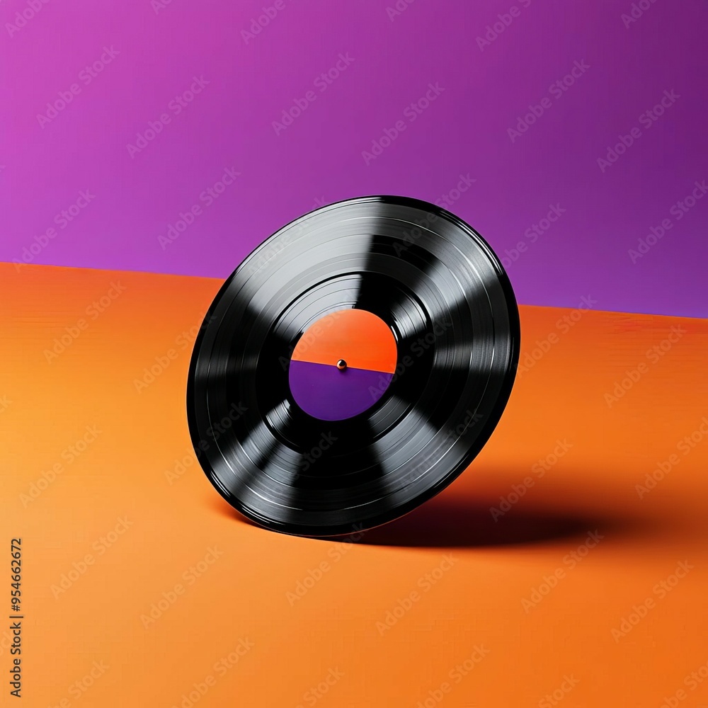 Fototapeta premium Black vinyl record on an orange and purple background.