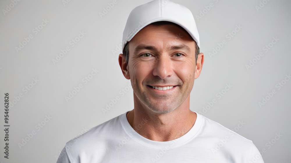 Man wearing white t-shirt and white baseball cap isolated on grey background Man wearing white t-shirt and white baseball cap isolated on grey background