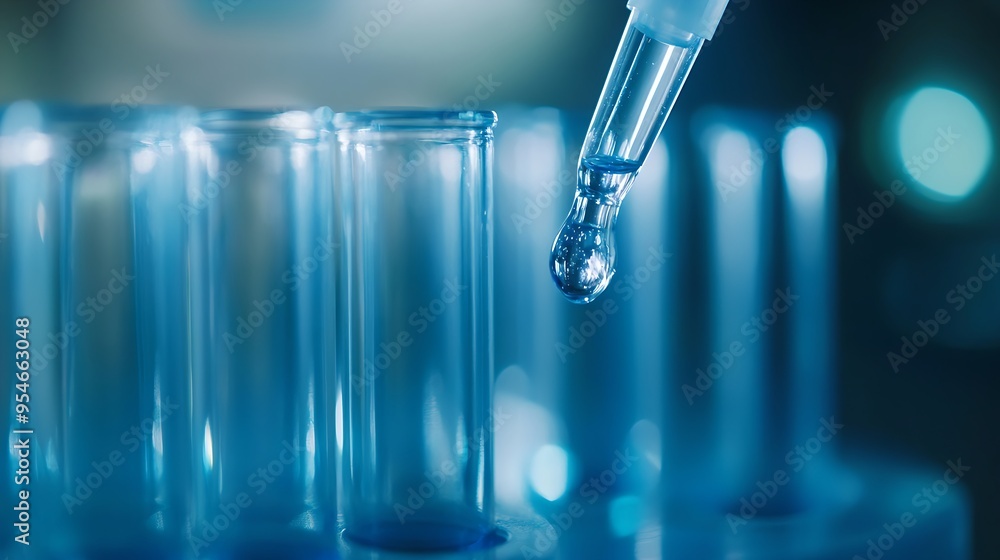 Close-up of a dropper releasing a blue liquid into a test tube. Close-up of a dropper releasing a blue liquid into a test tube.