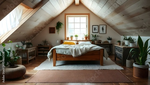 A cozy and bright attic bedroom with a wooden bed frame, a large window letting in natural light, and various decorative elements like plants and artwork on the walls