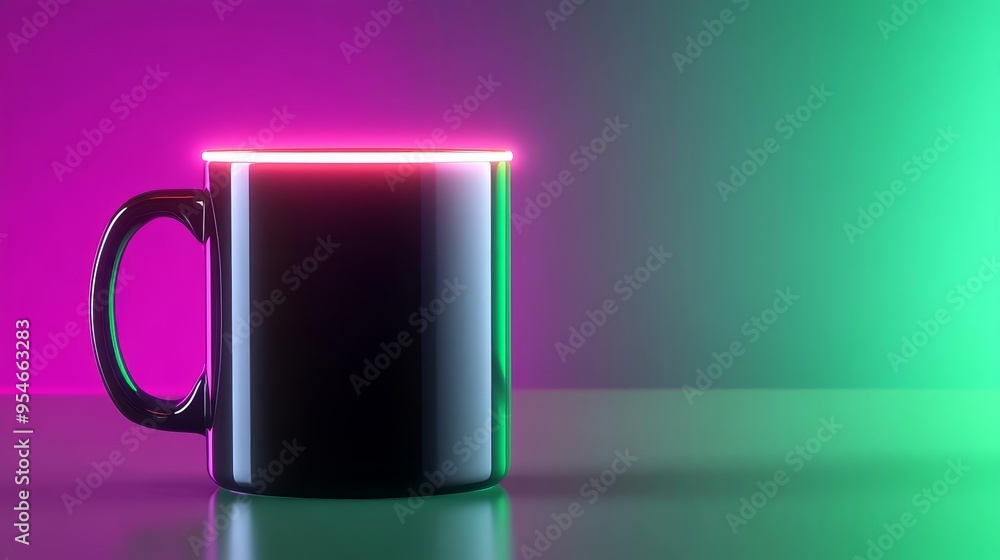 Black mug with neon pink and green lights, minimal design. Black mug with neon pink and green lights, minimal design.