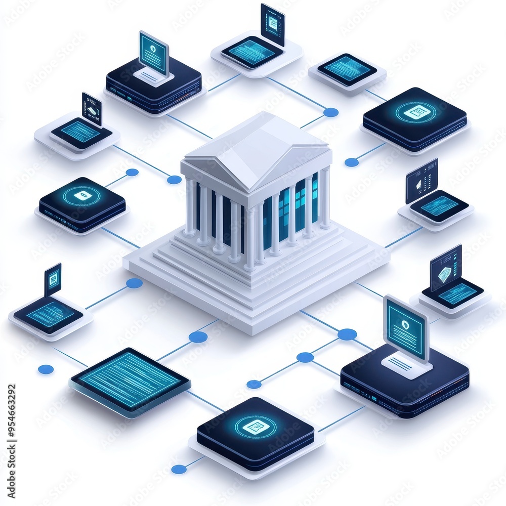 Fototapeta premium Digital banking concept with connected devices showcasing online financial transactions and secure data transfer in a network.