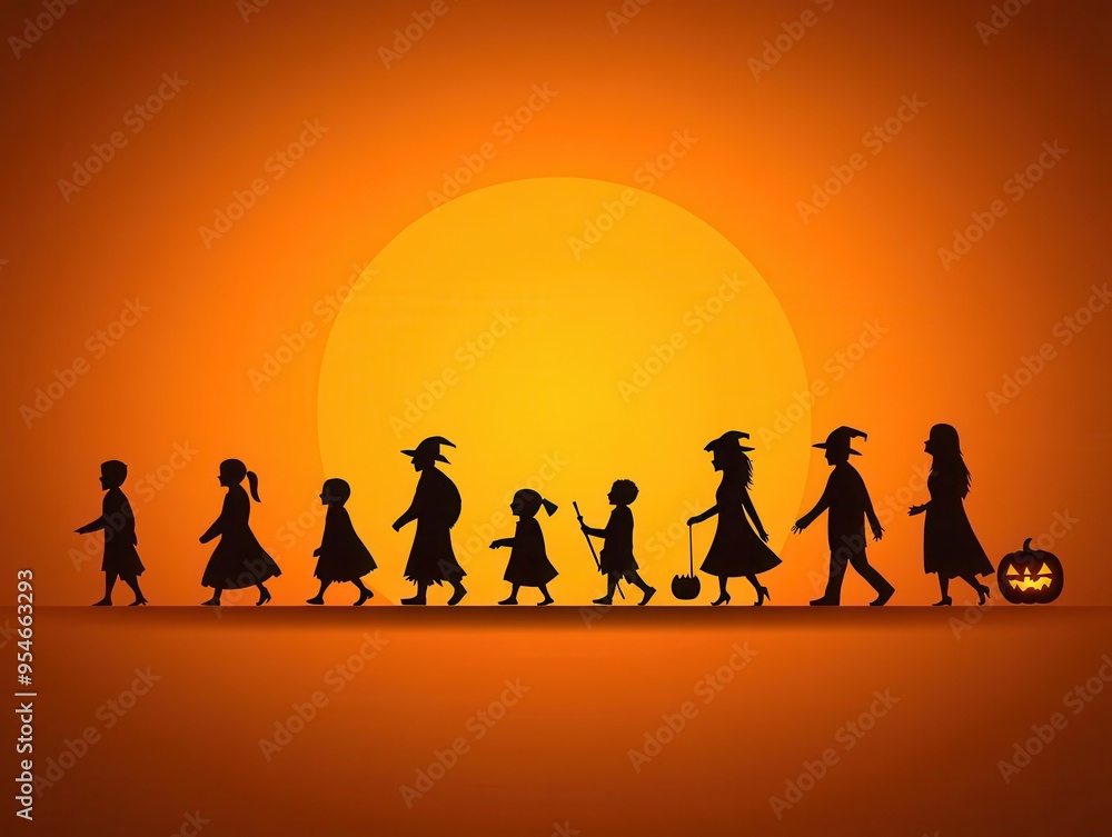Silhouettes of children and adults in costumes celebrating Halloween against a vibrant orange sunset. Silhouettes of children and adults in costumes celebrating Halloween against a vibrant orange sunset.