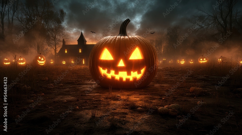 Naklejka premium Spooky Halloween scene featuring glowing pumpkin with a sinister grin, surrounded by mist and eerie atmosphere.