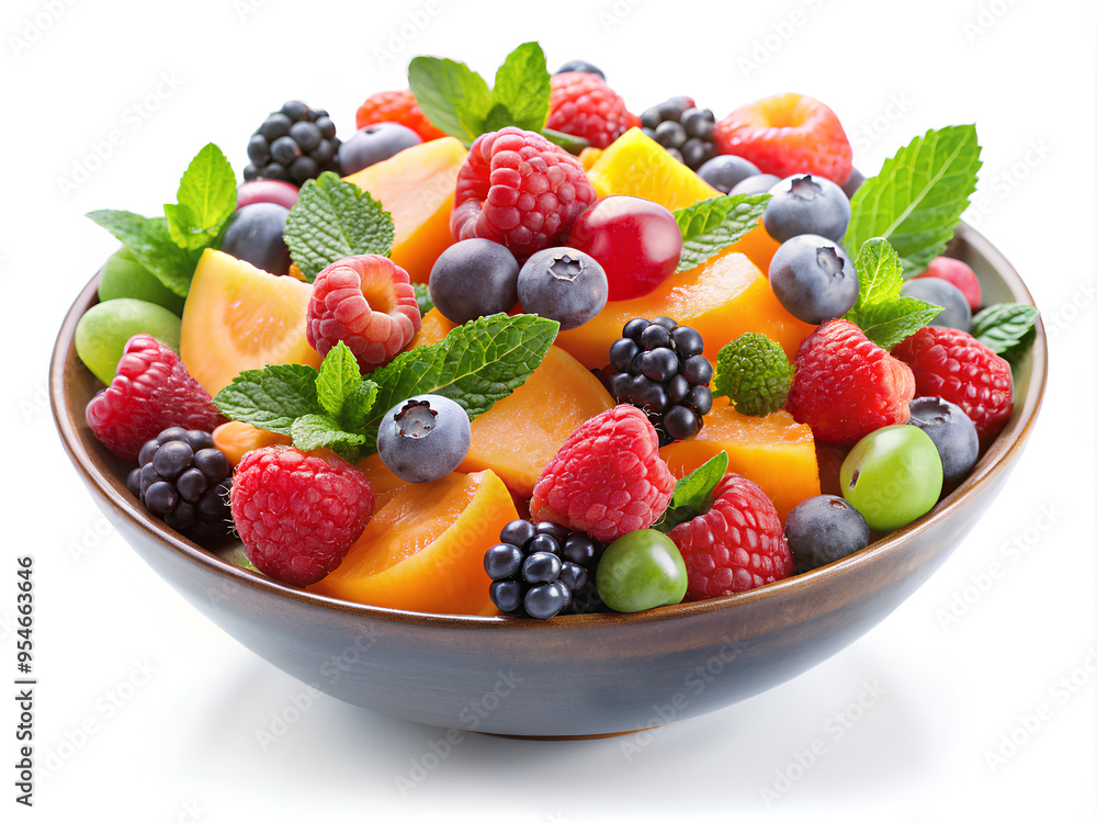 Fruit salad with a mix of berries, citrus, and melon, isolated on white background Fruit salad with a mix of berries, citrus, and melon, isolated on white background