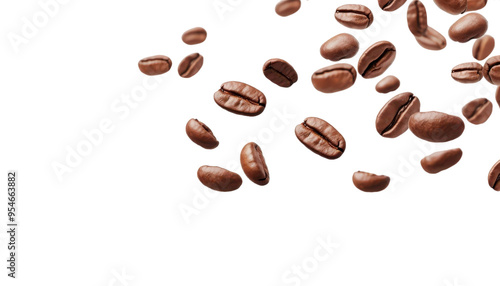 Brown coffee beans falling against white background. Perfect for coffee shops, cafes, food blogs, and social media posts. Rich and aromatic