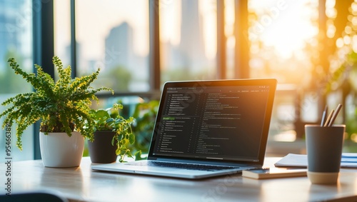 Wallpaper Mural A Cozy, Bright Workspace at Sunset: A Laptop with Code, Lush Greenery, and Gentle Sunlight Creates a Perfect Setting for Productive, Peaceful Work Moments. Torontodigital.ca