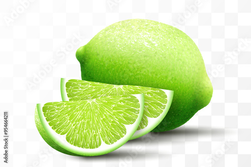 Fresh lime set, with various view of whole lime fruit, halves and slices, isolated on transparent background. Realistic 3d vector illustration. Delicious juicy citrus fruit.