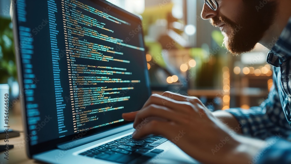 Fototapeta premium Intricately weaving code, a dedicated programmer immerses himself in lines of vibrant text, illuminated by a soft glow that fills the modern workspace with inspiration.