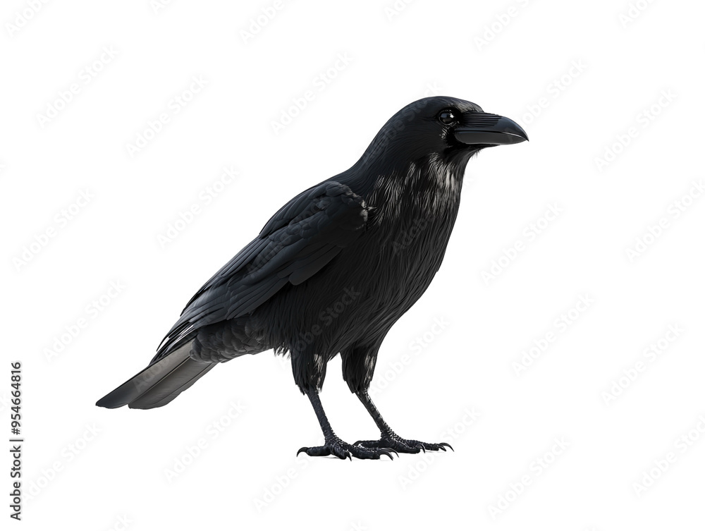 Fototapeta premium Black crow standing on a white background. PNG transparent.