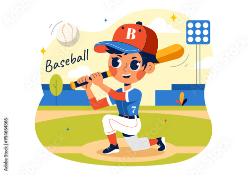 A Baseball Kids Player in Uniform is Throwing, Catching, or Hitting a Ball with Bats and Gloves on a Court Stadium in a Cartoon Vector Illustration photo