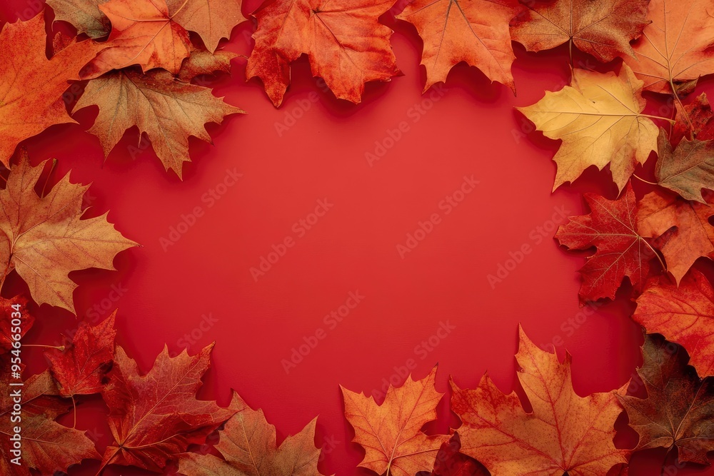 Autumn frame border of maple leaves on red background. Happy Thanksgiving Day, Halloween, Harvest concept with generative ai Autumn frame border of maple leaves on red background. Happy Thanksgiving Day, Halloween, Harvest concept with generative ai