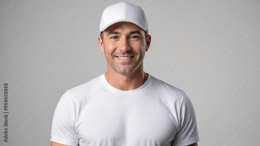 Man wearing white t-shirt and white baseball cap isolated on grey background Man wearing white t-shirt and white baseball cap isolated on grey background