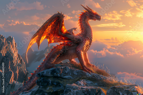 Dragon at Sunset: A majestic red dragon perches atop a mountain peak, its fiery scales shimmering in the golden light of the setting sun. The dramatic mountain range and breathtaking cloudscape create