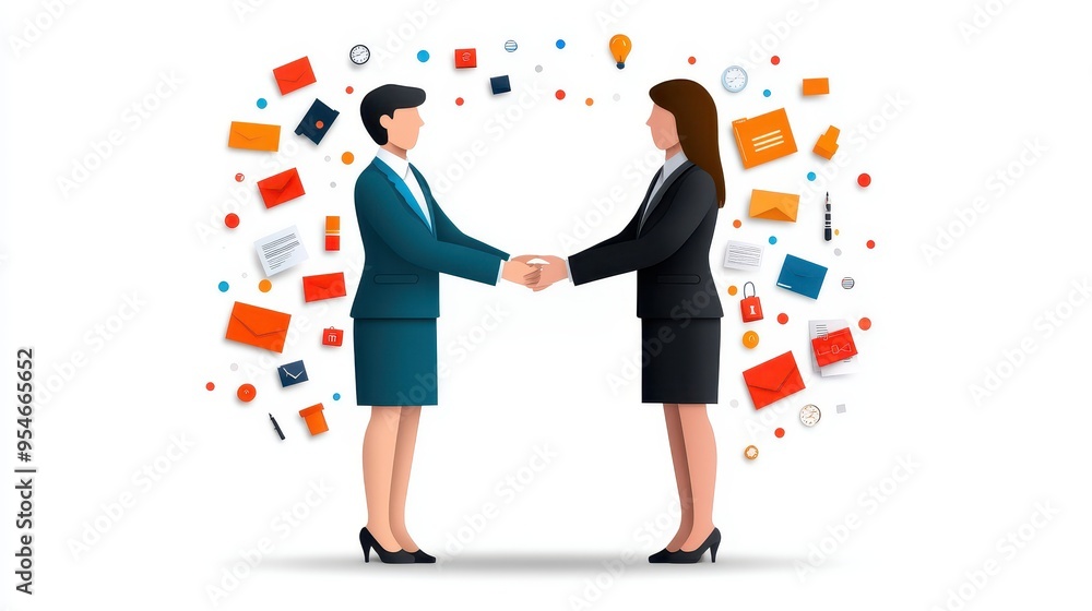 Two businesswomen shaking hands, symbolizing partnership and collaboration amidst a backdrop of vibrant icons. Two businesswomen shaking hands, symbolizing partnership and collaboration amidst a backdrop of vibrant icons.