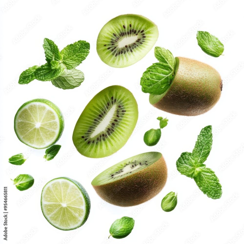 Fototapeta premium Flying fresh raw whole and sliced kiwi, lime and mint leaves on white background. Falling fruits