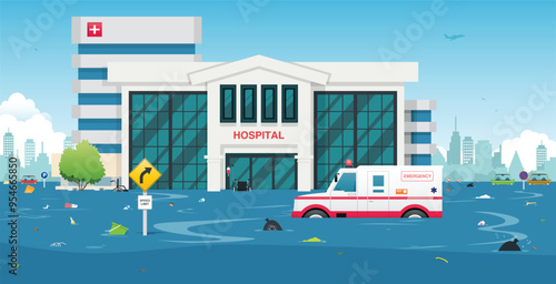 Ambulance damaged due to flooding in hospital area.