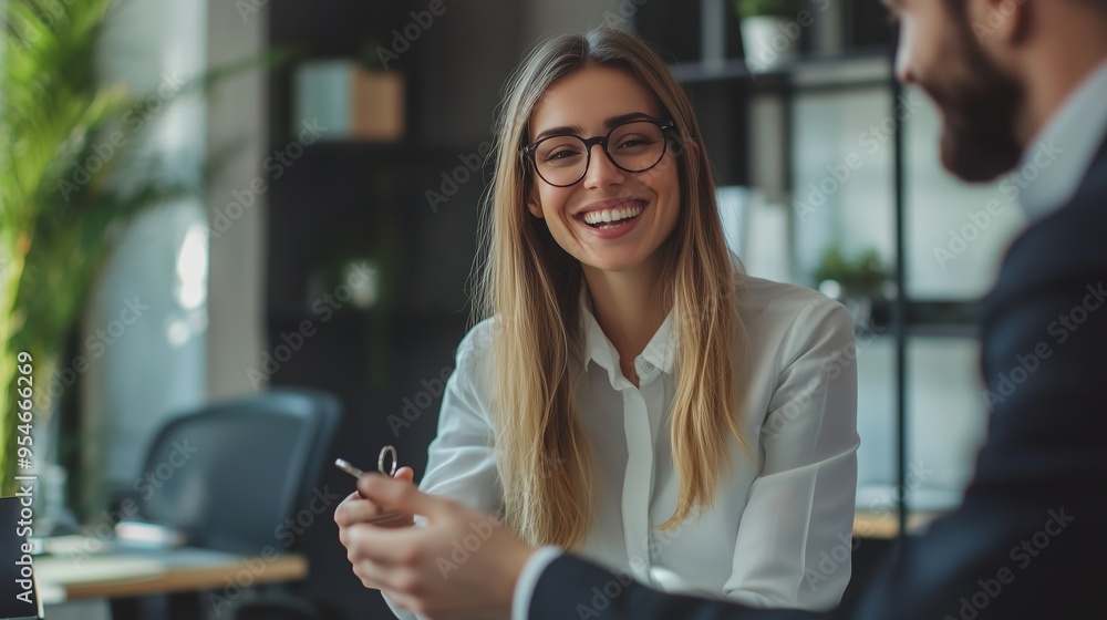 Smiling woman in glasses enjoys conversation with a colleague in a modern office setting during the afternoon Smiling woman in glasses enjoys conversation with a colleague in a modern office setting during the afternoon
