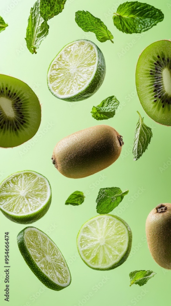 Fototapeta premium Flying fresh raw whole and sliced kiwi, lime and mint leaves on green background. Falling fruits