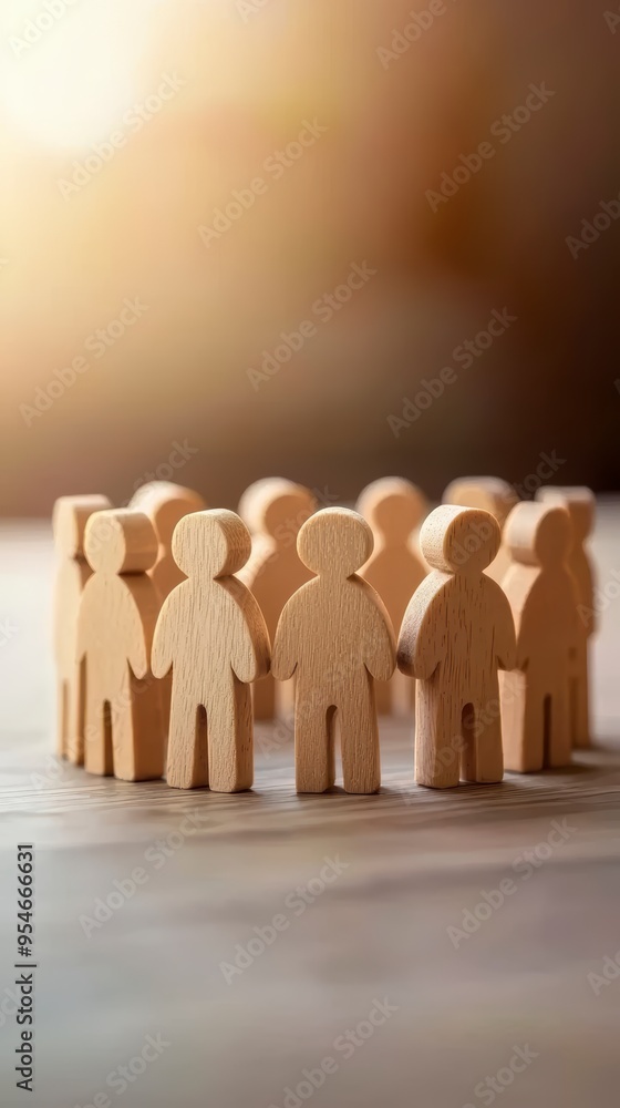 Wooden figures of people standing in a circle on a table symbolize teamwork and unity Wooden figures of people standing in a circle on a table symbolize teamwork and unity