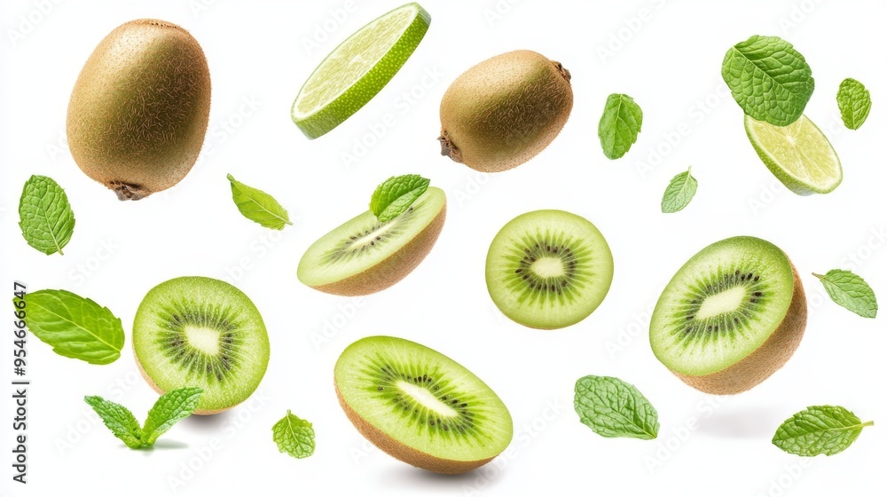Flying fresh raw whole and sliced kiwi, lime and mint leaves on white background. Falling fruits Flying fresh raw whole and sliced kiwi, lime and mint leaves on white background. Falling fruits